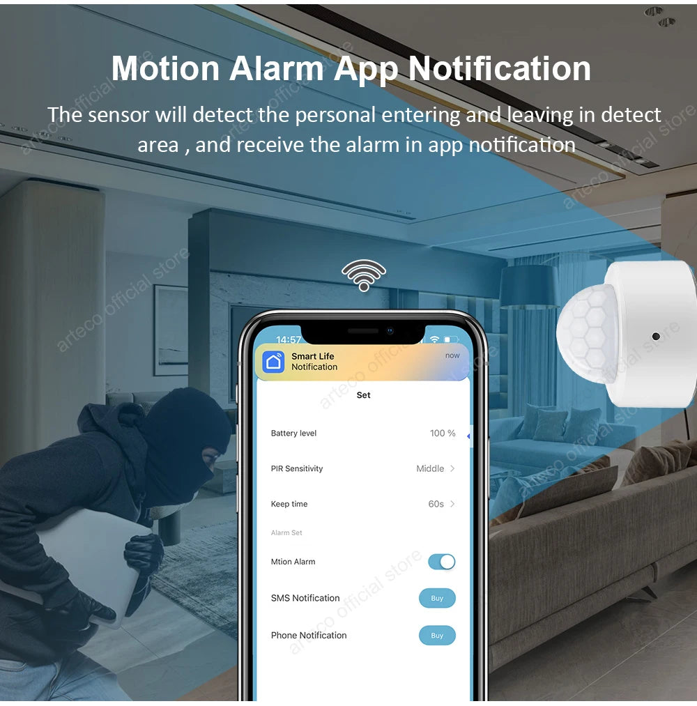 NoEnName Zigbee Mini PIR Motion Sensor - Smart Alerts Enabled