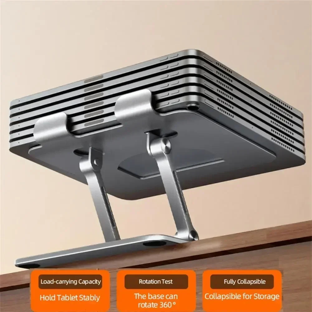 A sleek gray aluminum Adjustable 360° Rotatable Tablet Stand for 4.7-12 Devices, with a modern metallic design, sits on a wooden surface. Highlights: load-carrying capacity, 360° rotation, and collapsibility in orange text.