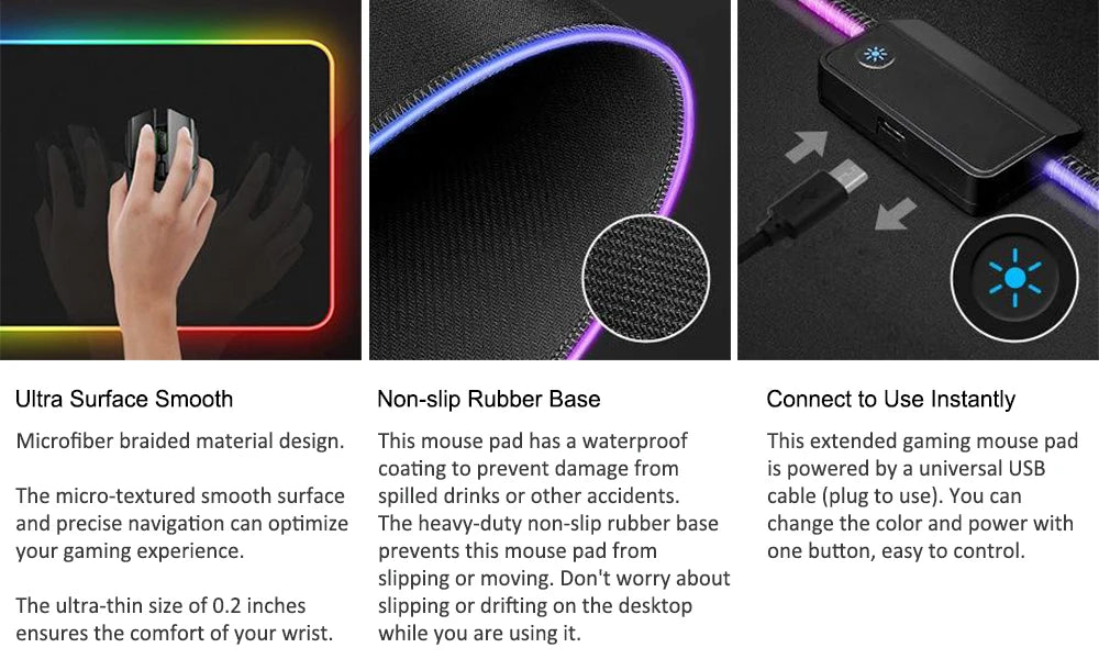 The Ziyoulang Large Mouse Pad 800x300mm features RGB edges, stitched durability, and a non-slip rubber base. A micro-textured surface ensures precision, USB-powered controls enhance colors, and its smooth waterproof design offers reliable performance.