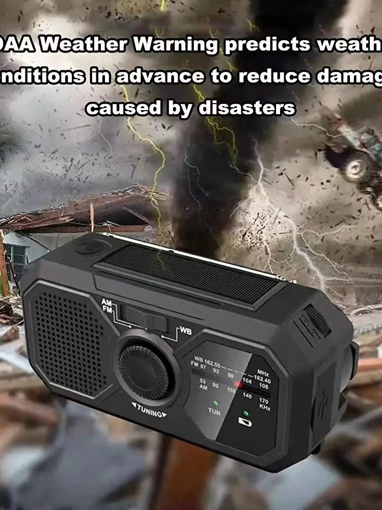 The Sayin Portable Solar Radio with Power Bank & Flashlight is shown, set against a stormy scene with debris. Text above states: NOAA Weather Warning offers early weather alerts to minimize disaster damage. A vital tool for emergency preparedness and safety.