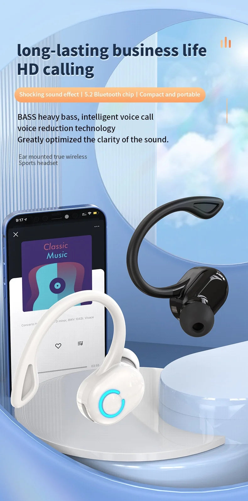 VIKEFON Bluetooth 5.2 Headset - Sport Ear Hook Design