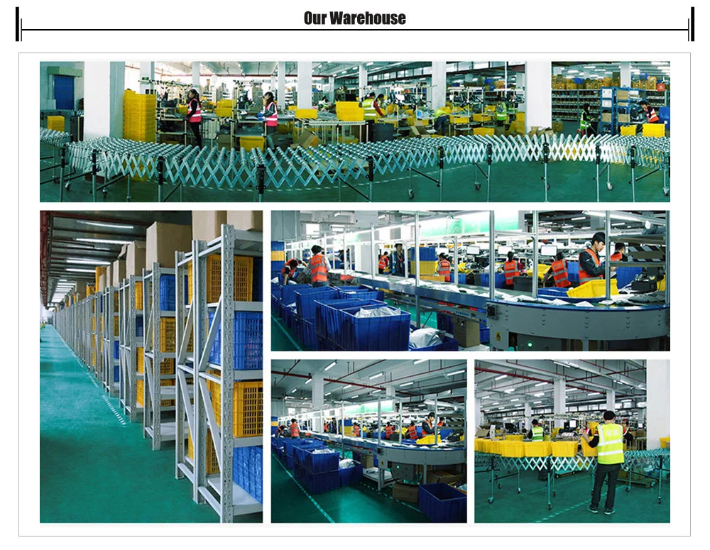 The bustling warehouse is filled with vibrant images of workers sorting and packaging items on conveyor belts. Employees in safety vests ensure efficiency and quality among stocked yellow crates, while MOJOYCE Adjustable Alloy Clamps for Secure Mobile Repairs are strategically integrated to enhance operations.