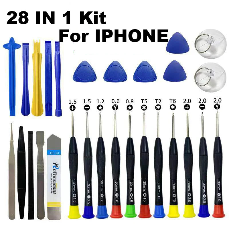 The NoEnName 28 in 1 Screwdriver Tool Kit is ideal for mobile repairs on iPhones and other electronics, featuring black-handled screwdrivers, prying tools, tweezers, suction cups, and triangle picks. Each tool is clearly labeled for specific functions.