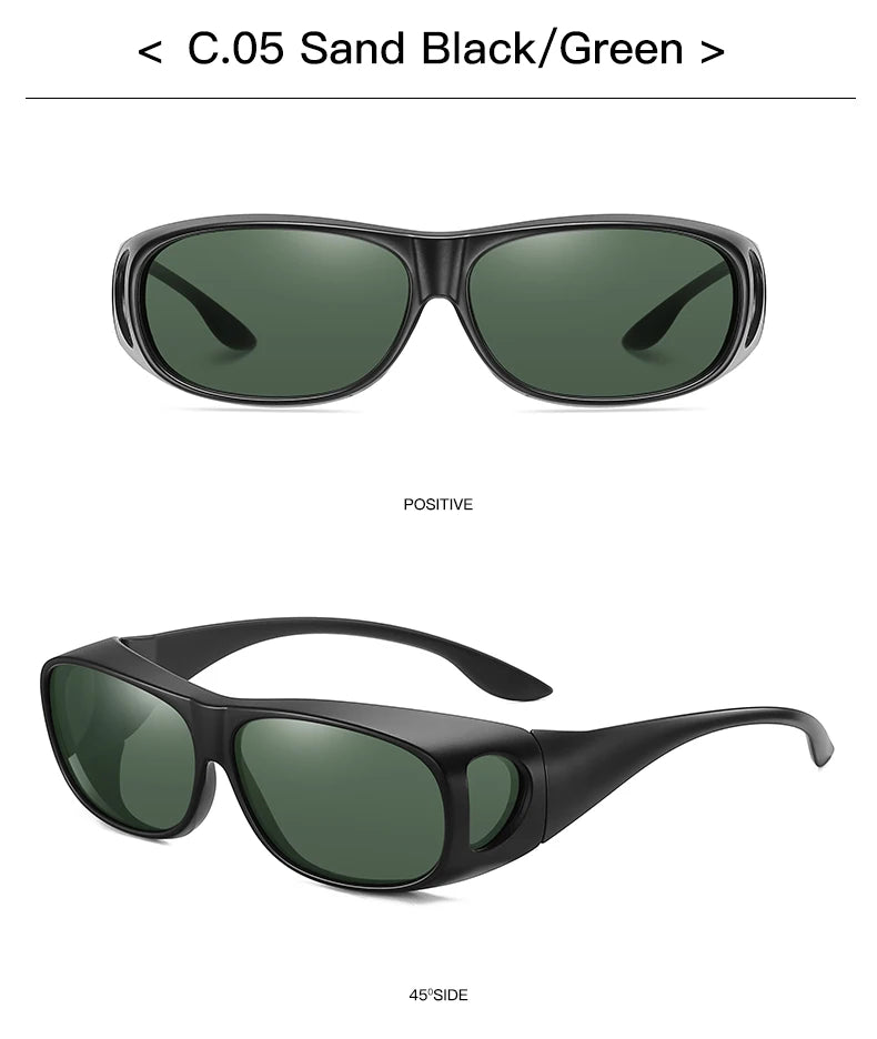 The MOKDUFF Polarized Sunglasses feature a streamlined black frame with green-tinted lenses that offer UV400 protection. They have wraparound arms, ideal for wearing over glasses. Front and angled side views are shown. Style: C.05 Sand Black/Green.