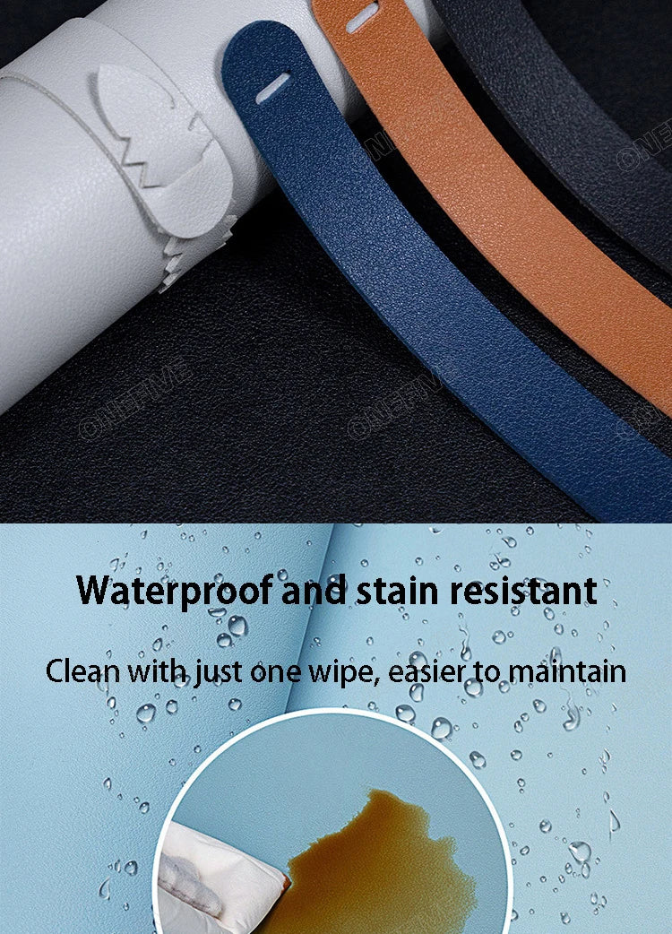 Three leather strap samples in white, blue, and tan rest on a dark surface. Below, text highlights their waterproof and stain-resistant properties like the AIPHY Large PU Leather Mouse Pad - Stylish Waterproof Mat, where liquid wipes off effortlessly.