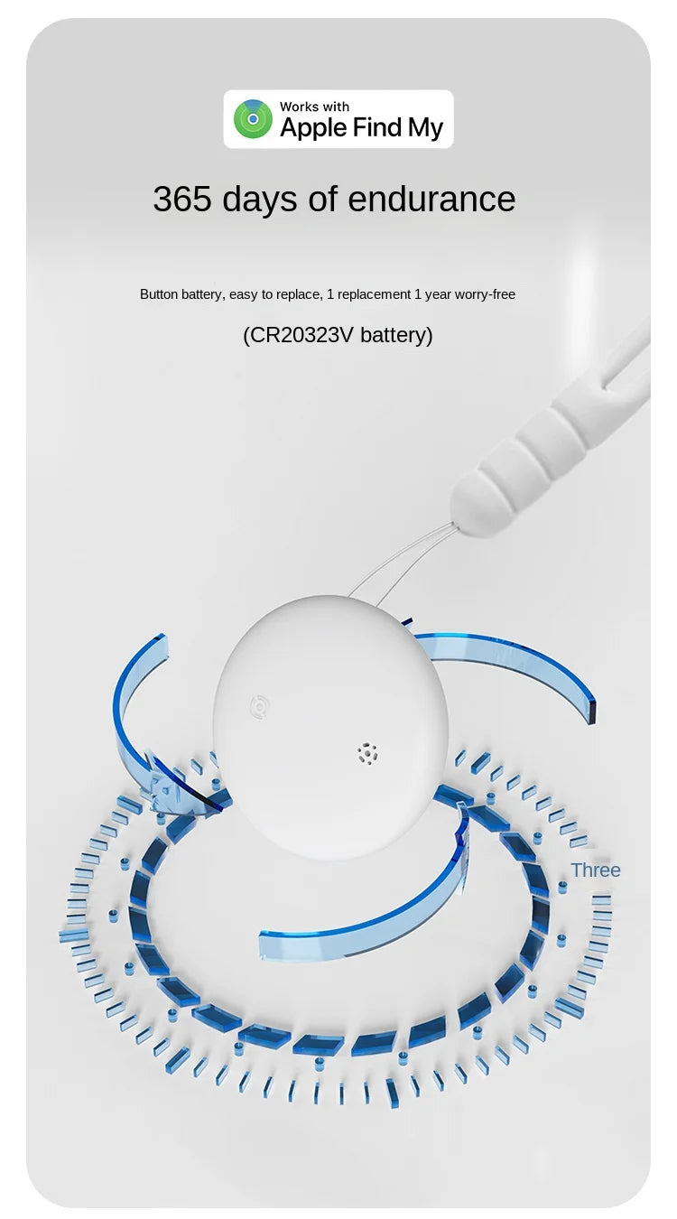 A promotional image features the NoEnName GPS Tracker, a circular electronic device with blue accents and a white surface. It is compatible with Apple Find My and offers 365 days of endurance powered by a CR2032 3V battery. It includes a white tool for easy battery installation.