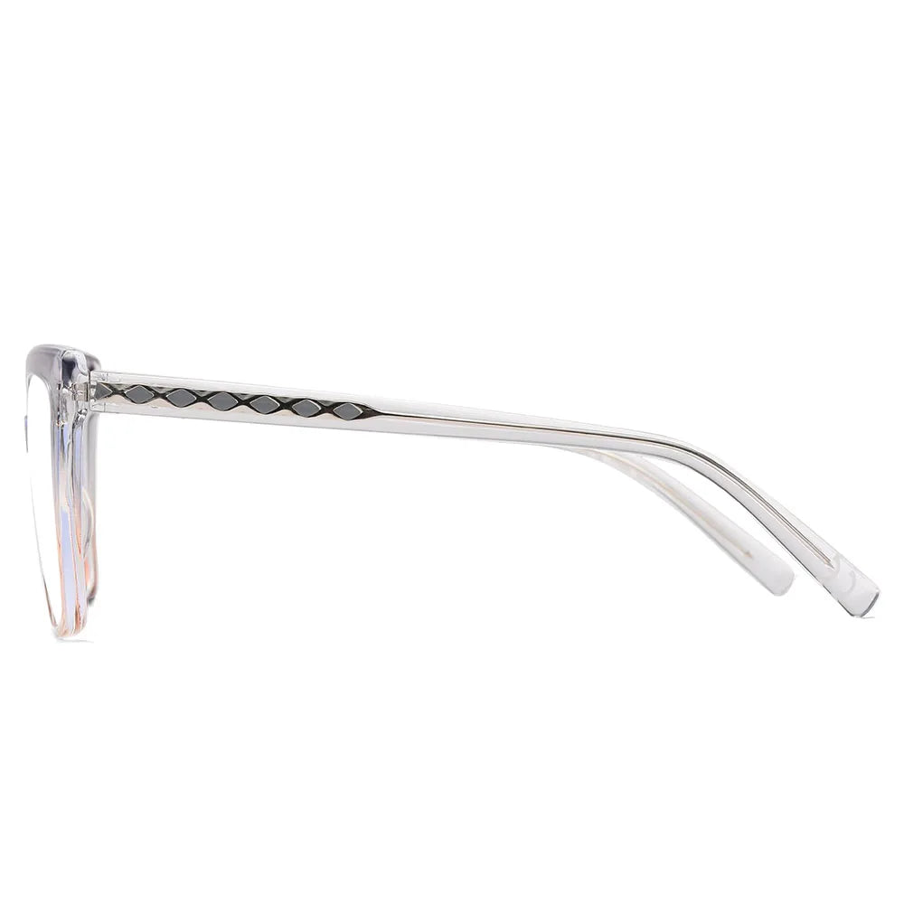 Side view of AABV Womens Cat Eye Bifocal Reading Glasses - Stylish Clarity. These readers feature a transparent frame with a subtle diamond pattern on the temples and sleek cat eye design, resting on white surface to highlight their modern style.