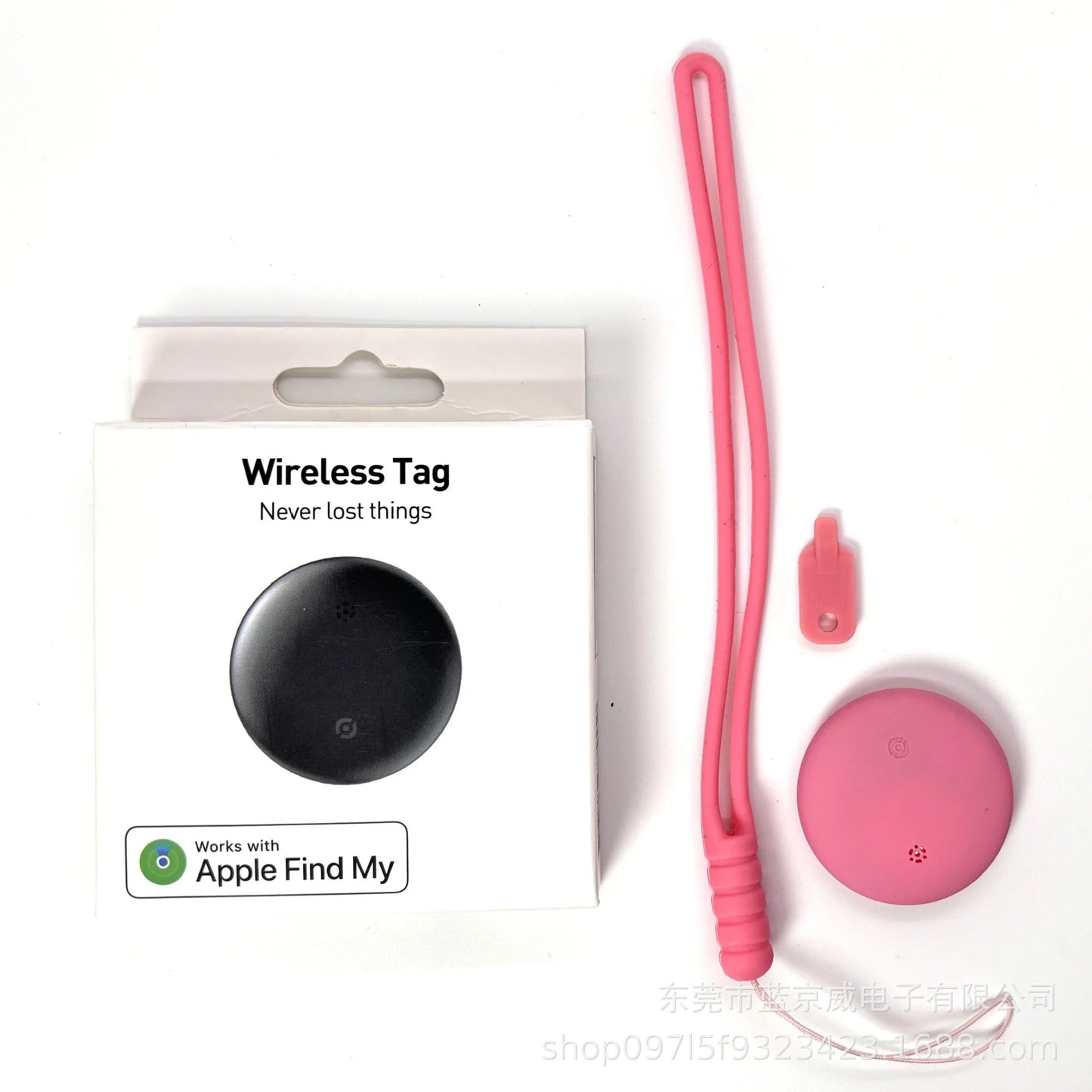 The image features the NoEnName GPS Tracker, a Bluetooth locator for pets, including a pink circular tag, matching strap, and attachment. The packaging highlights Apple Find My app compatibility for precise global tracking.