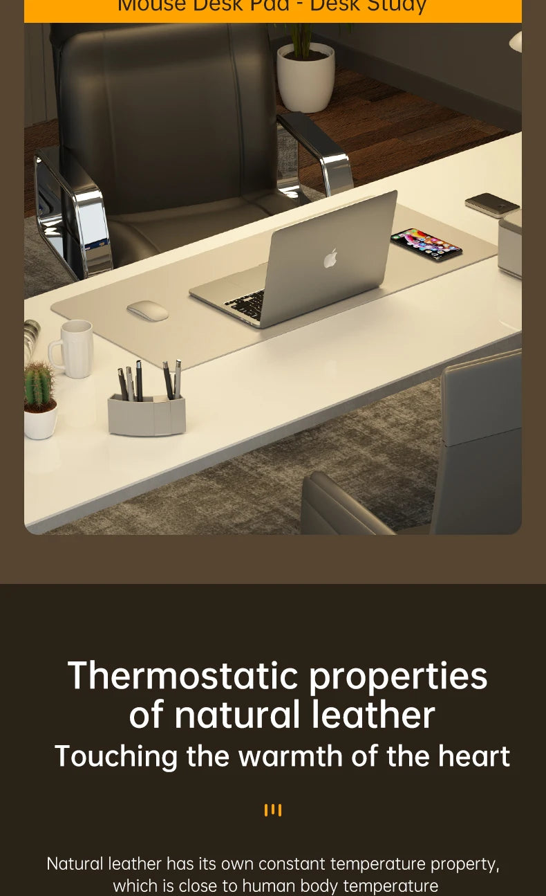 A modern office setup includes a leather chair, sleek white desk, and the Xummen Large Mouse Pad - Waterproof PU Gaming Desk Mat. Organized stationery and a potted plant add balance, while the natural leathers thermostatic properties ensure comfort.
