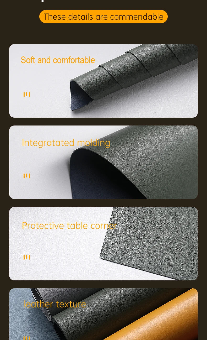 A promotional image highlighting the soft, comfortable feel and integrated molding of the Xummen Large Mouse Pad - Waterproof PU Gaming Desk Mat. It features a protective table corner, leather texture, waterproof PU layer, and non-slip base.