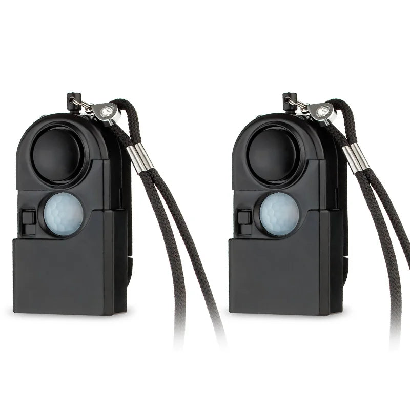 Two identical black KERUI Mini Motion Detector Alarm devices are shown side by side. Each features a lanyard, 120DB siren, round sensor, button, and front switch—ideal for personal security.