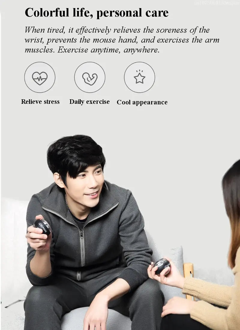 A man in a gray tracksuit sits on a couch holding a Xiaomi Forearm Exerciser LED Gyroball Trainer. Another person hands him one too. Icons and text highlight its benefits for stress relief, daily exercise, and appearance.
