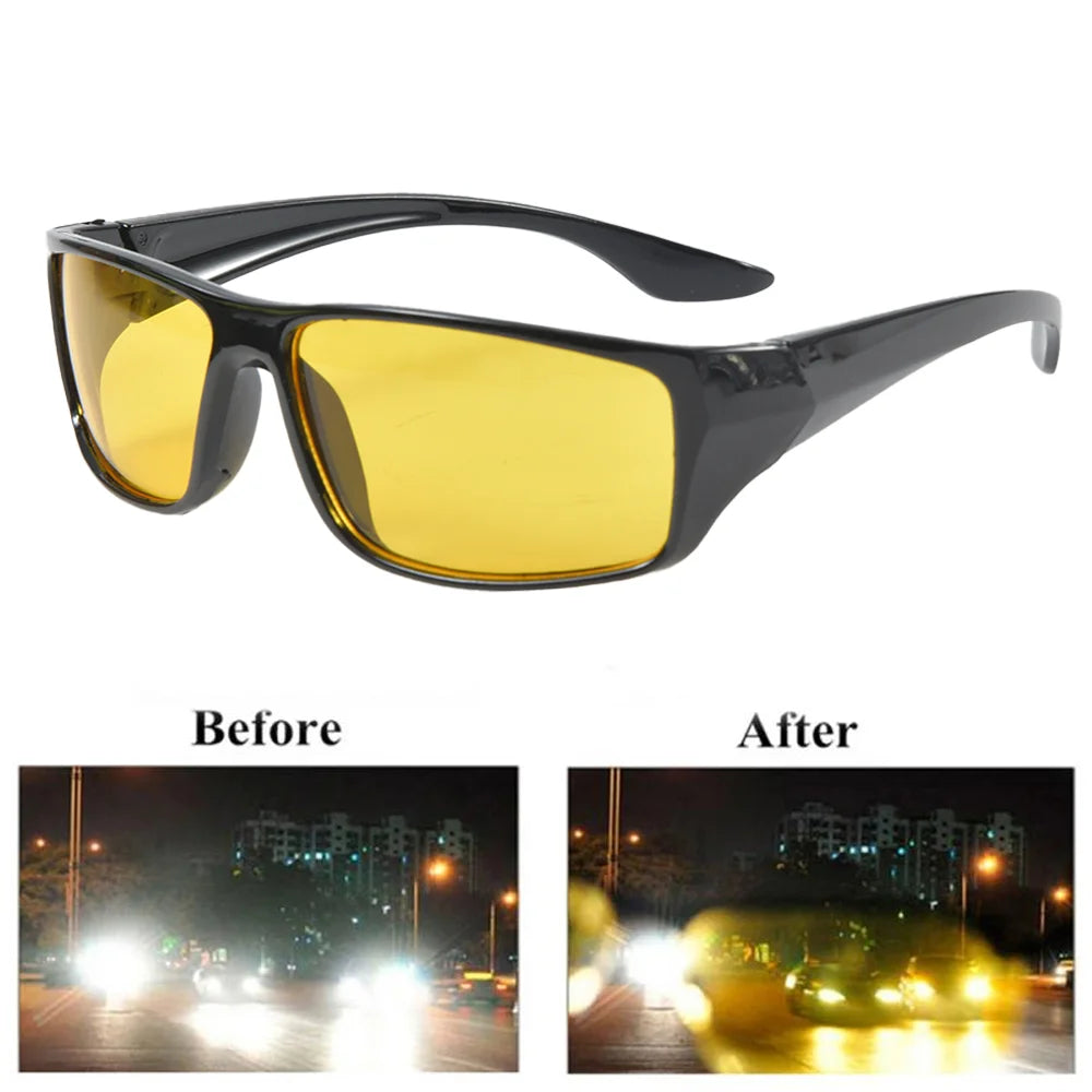 At the top, a pair of sunglasses with yellow lenses is displayed. Beneath are two images: Before shows a night scene with bright headlights; After presents clear visibility and reduced glare, showcasing the Anti-Glare Night Vision Goggles for Clear Visibilitys effect.
