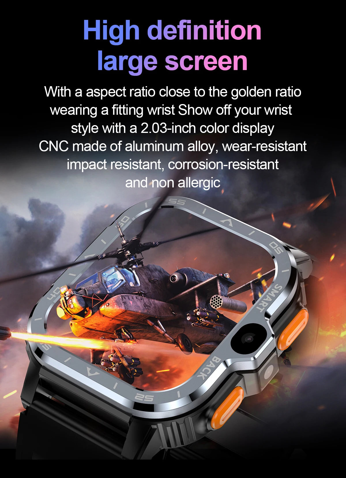 The Valdus PGD Smart Watch for Men, featuring 4G connectivity and dual cameras, showcases a helicopter in flight on its high-def display. Its rugged design with side buttons highlights durability and vibrant colors, expertly promoting both the screen and materials.