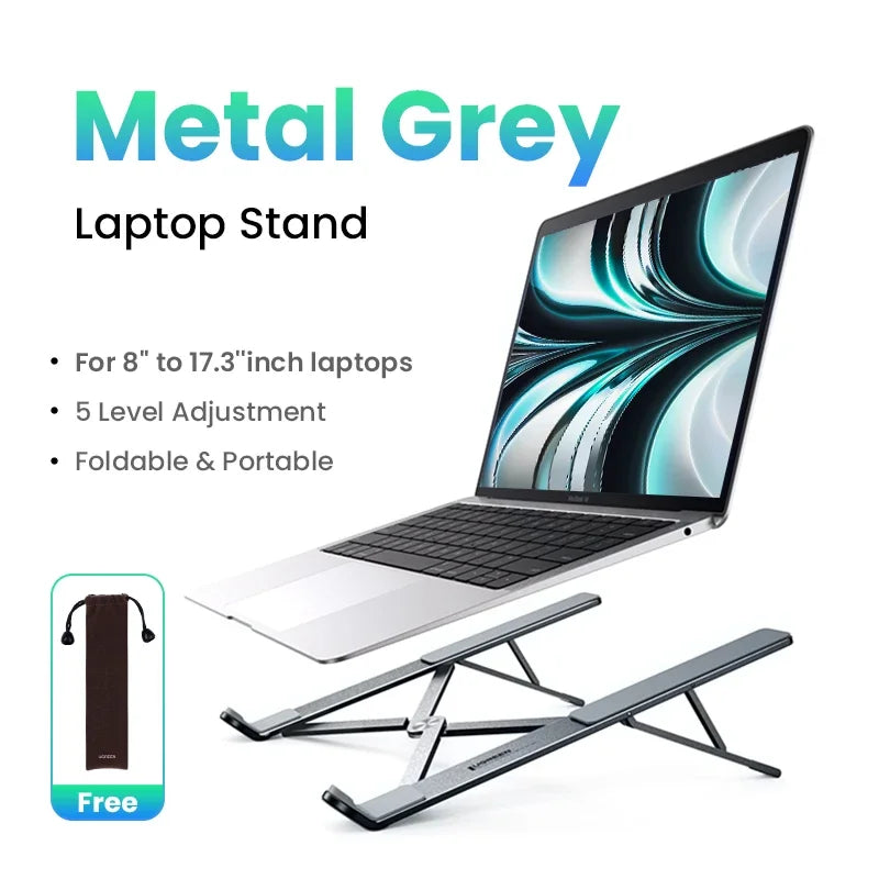 Image of the UGREEN Laptop Stand, a portable and foldable aluminum design in sleek metal grey, supporting laptops from 8 to 17.3 inches. It features an ergonomic design with a 5-level adjustable height and includes a pouch for easy transport.