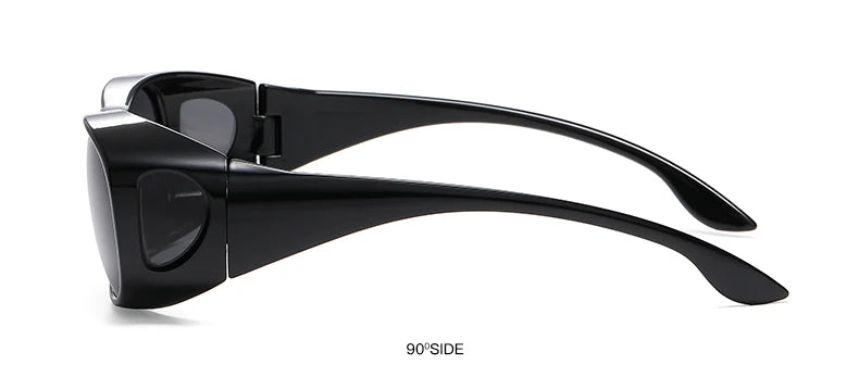 Side view of MOKDUFF Polarized Sunglasses, black wraparound design with wide arms featuring UV400 protection. Shown at a 90-degree angle, these sunglasses combine style and safety for any sunny adventure. Fit over glasses comfortably.