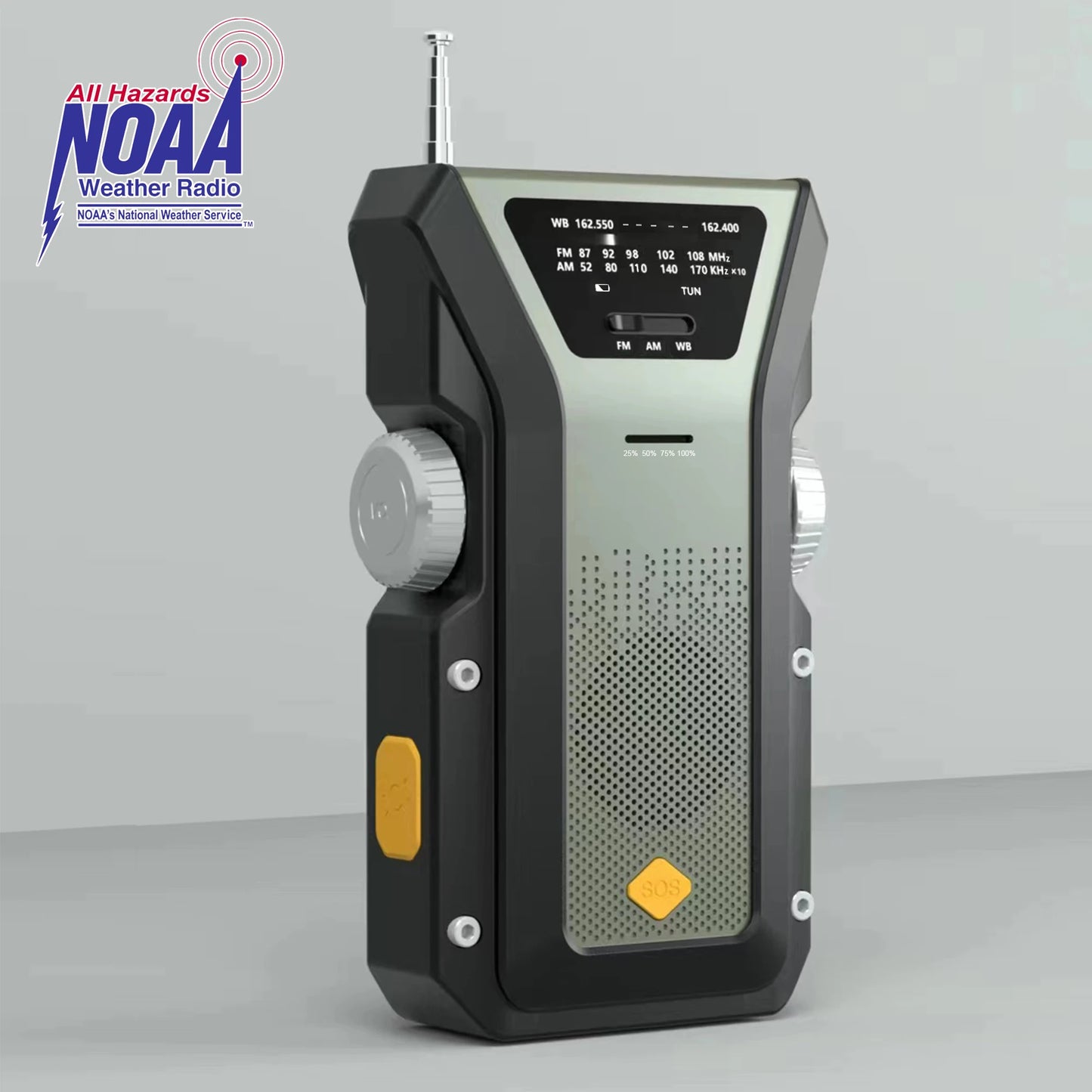 The Daykit Solar-Powered Emergency Weather Radio features a vintage green and gray design, ideal for survival gear. It includes large side knobs, an antenna, a digital display, and proudly displays the NOAA All Hazards Weather Radio logo in the top left corner.