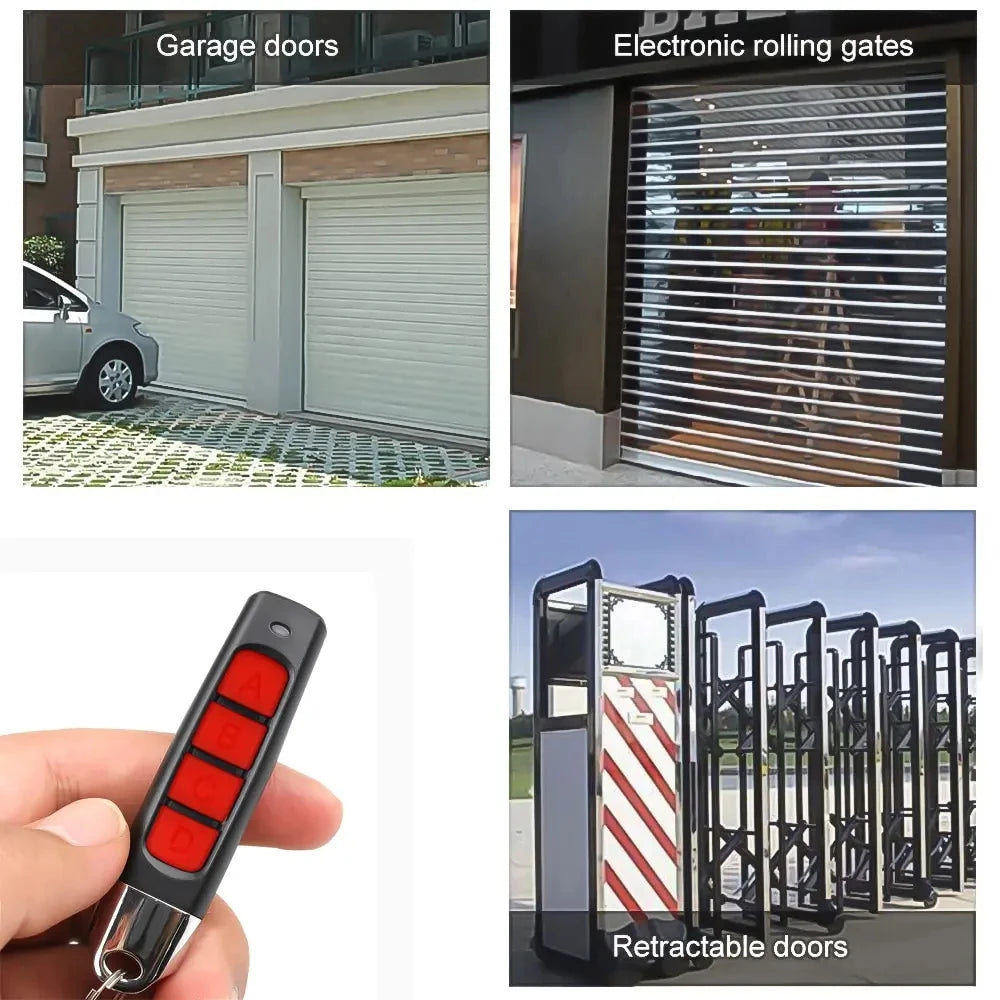 Four images display: garage access doors, electronic rolling gates, the Universal 433MHz Wireless Remote Control For Garage Access with red buttons held in a hand, and retractable security doors. Each type is labeled in the image.