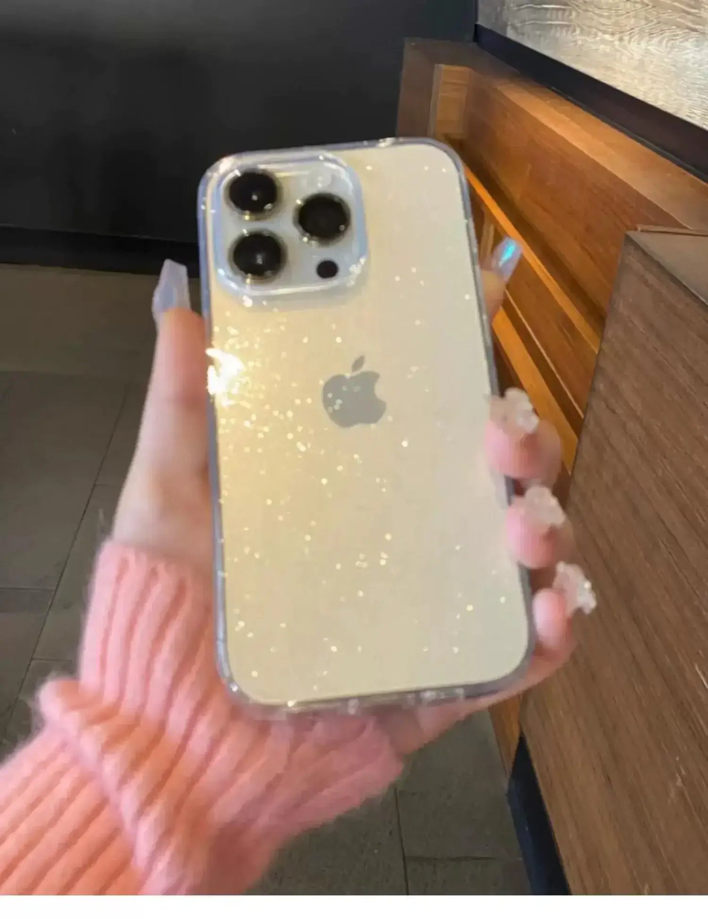 Luxury Bling Glitter Clear Phone Case on iPhone Pro Max, showcasing sparkling design and sturdy protection.