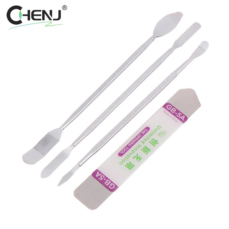 The 7pcs Metal Spudger Kit for Easy Phone Repairs includes three metal spatulas with flat and pointed ends. Packaging labeled GB-5A in a non-English script features the CHENJ brand prominently. Enjoy free shipping with this essential kit!.