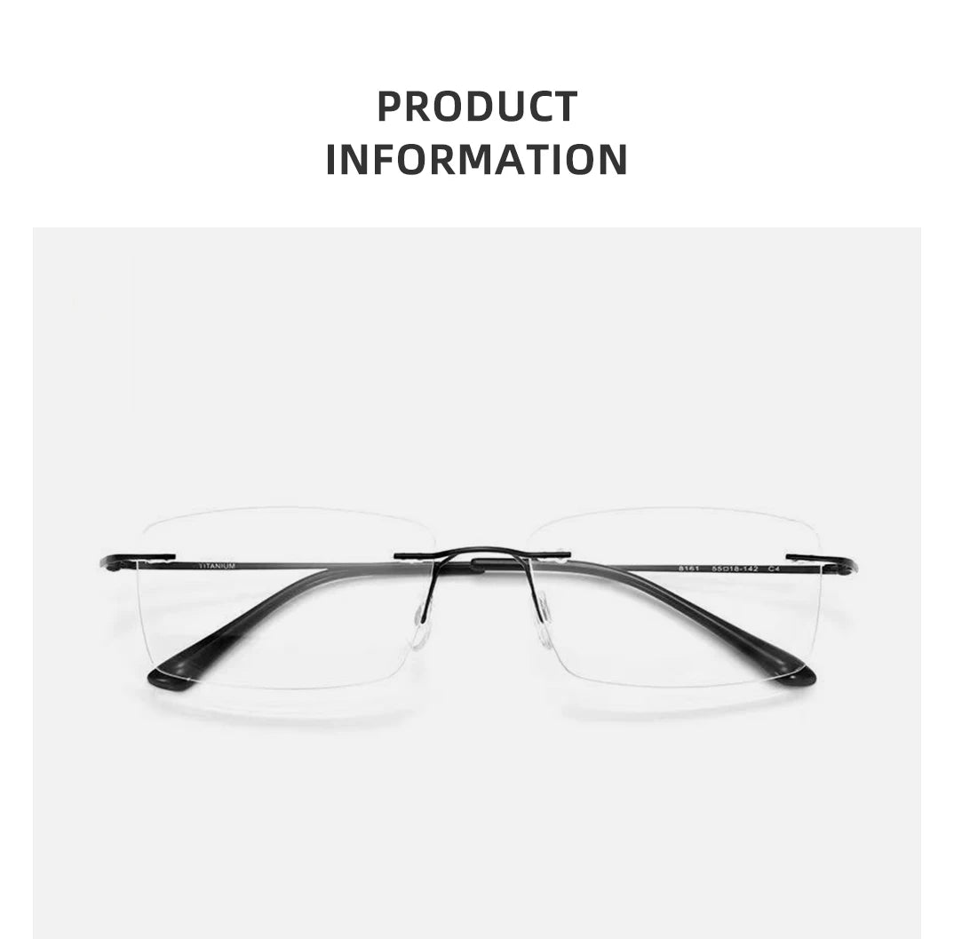 The YINSQER Titanium Rimless Reading Glasses, designed with scratch-resistant rectangular lenses and sleek black temple arms, block blue light. Appears on a plain white background with the text Product Information above.
