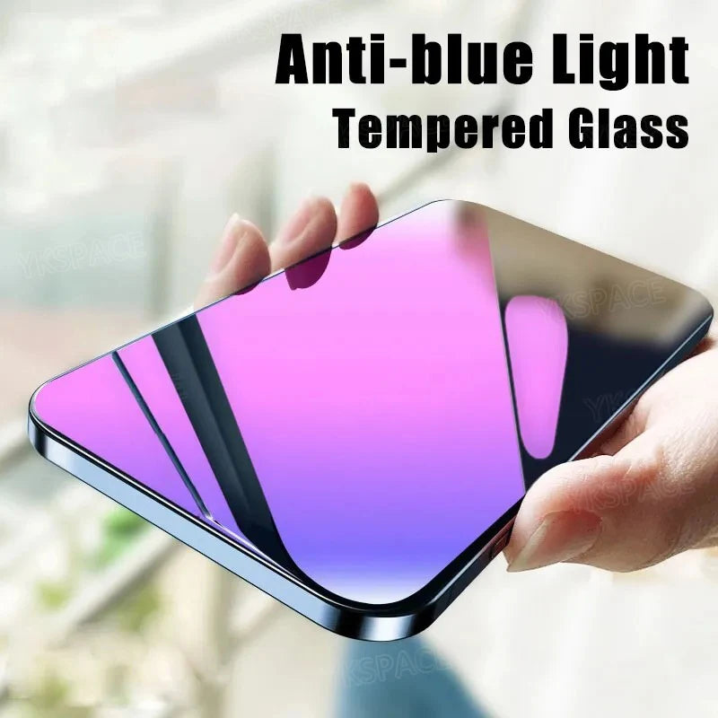 A person holds a phone with a pink and purple YKSPACE 2Pcs Anti Blue-Ray tempered glass screen protector, prominently displaying the text Eye Care Technology Tempered Glass above the device.