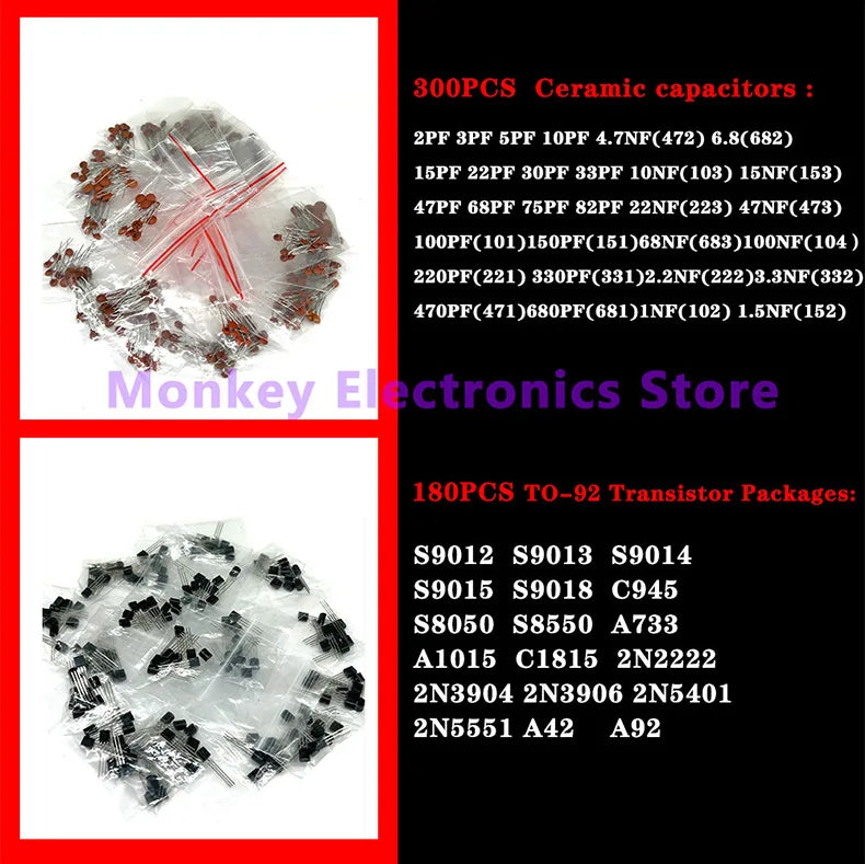 The image shows electronic components sorted into labeled plastic bags with types and quantities: 300 ceramic capacitors and 180 TO-92 transistors. Text reads: Monkey Electronics Store, your source for the NoEnName_Null 6-in-1 Component Kit for Mobile Repairs.