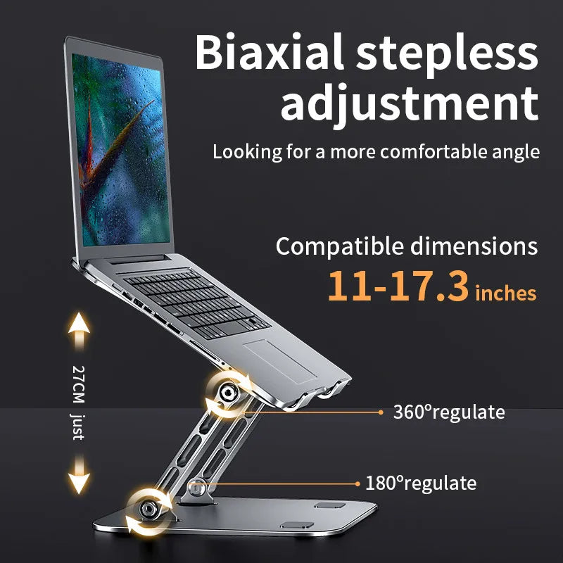 The Adjustable Aluminum Laptop Stand - Ergonomic Portable Holder supports 11–17.3 laptops with biaxial stepless adjustment and offers 360° plus 180° rotation for flexible, elevated positioning.