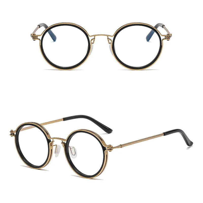 The KLASSNUM Luxury Round Frame Reading Glasses with gold rims are shown top and bottom. Top view features the front of the round frames; bottom view shows the side profile. They include anti-blue light lenses, black-tipped arms, and adjustable nose pads for comfort.