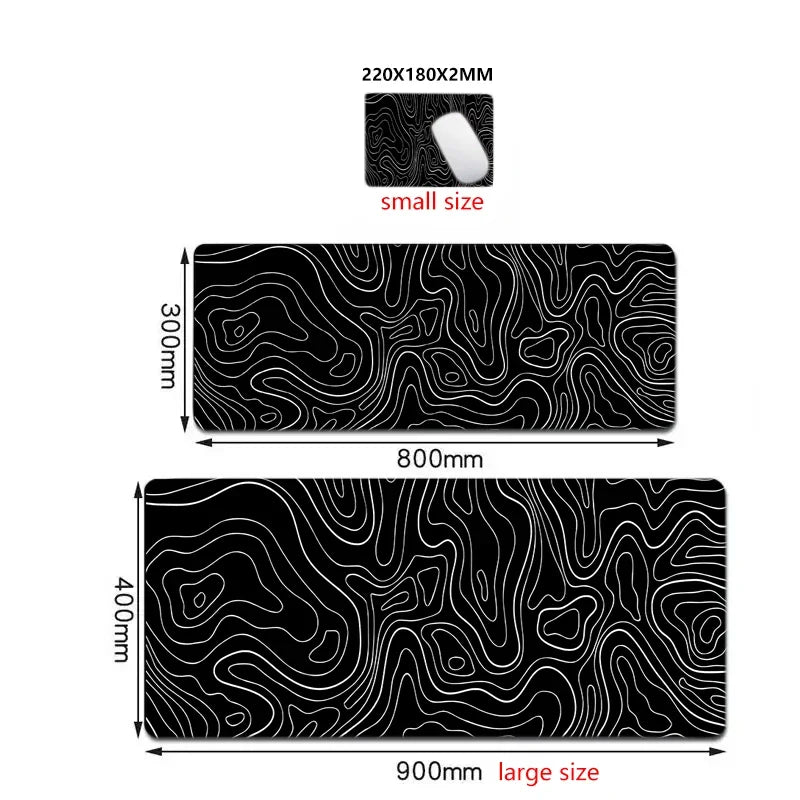 The image displays three black Terrain Map Gaming Mouse Pads with white contour lines: a 220x180x2mm small pad, an 800x300mm medium pad, and a 900x400mm Large Terrain Map Gaming Mouse Pad. Each is durable with a non-slip base for optimal performance and features the same topographical design.
