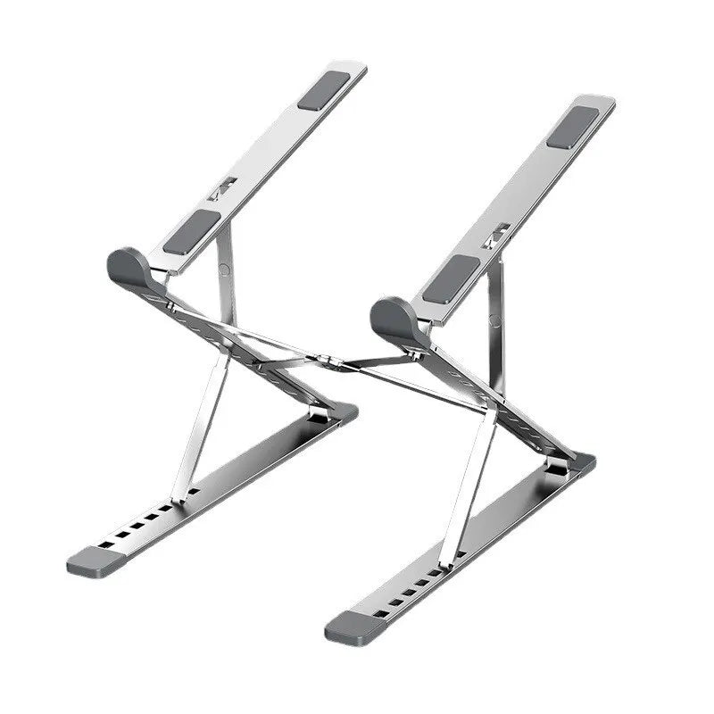 The Adjustable Aluminum Laptop Stand for Comfort and Portability features a silver aluminum build with rubberized grips, an X-shaped folding design, multiple height levels for ergonomic use, and is elegantly displayed on a white background.
