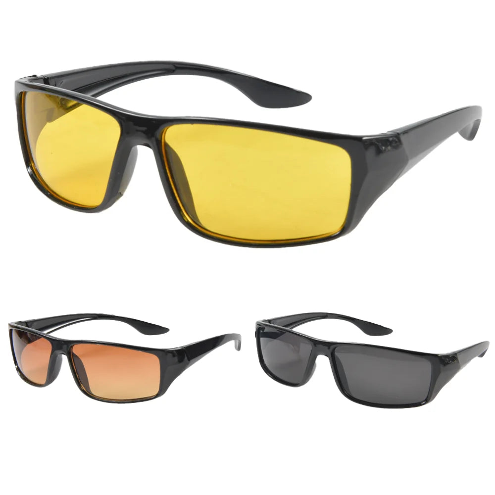 The Anti-Glare Night Vision Goggles, set against a white background, feature UV400 protection and come in three stylish designs with black frames and vibrant lenses in yellow, orange, and dark gray shades. These goggles add flair to any ensemble while ensuring clear visibility.