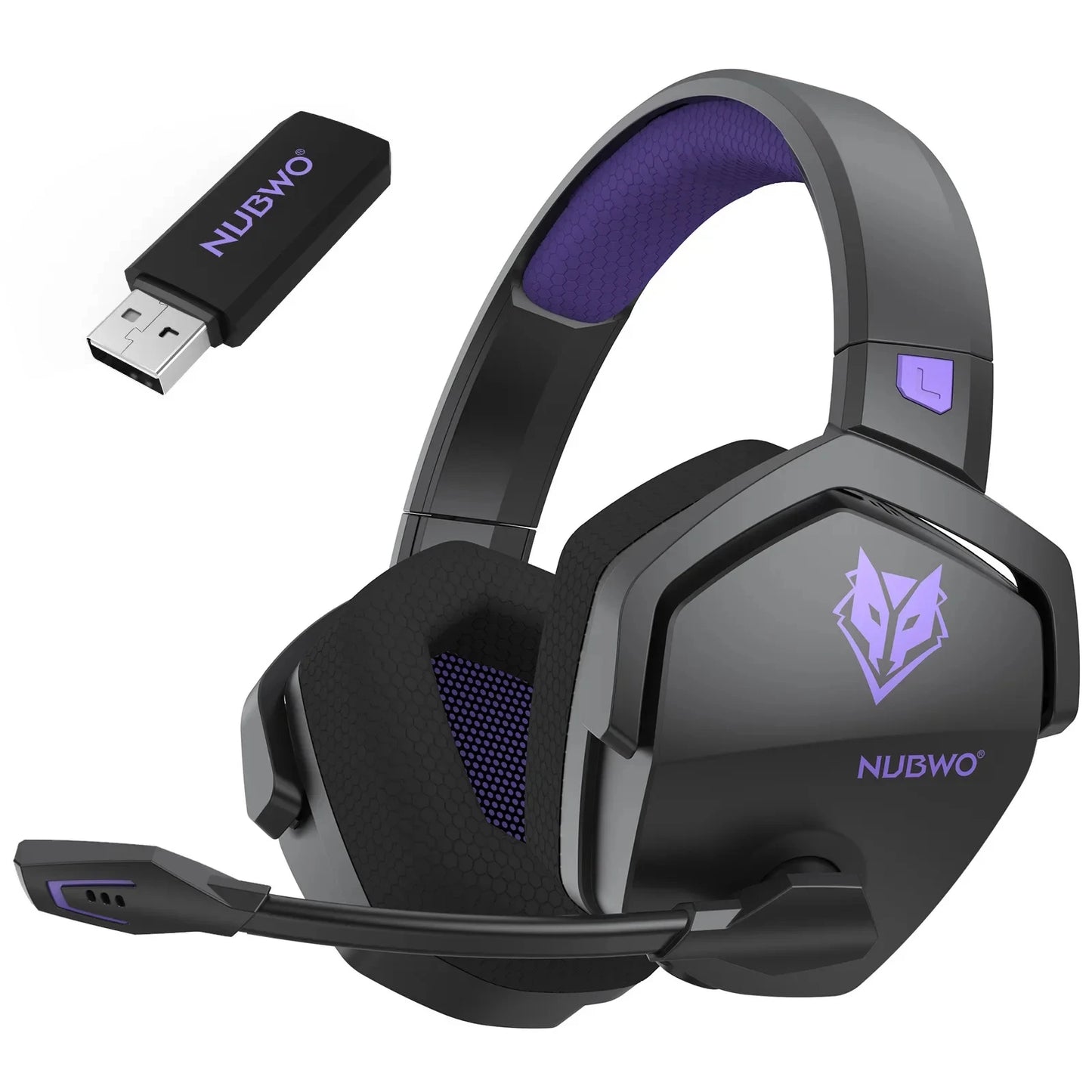Meet the NUBWO G06, a dual wireless headset in gray and black with active noise cancelling. It boasts a fox logo, purple NUBWO branding, cushioned headband, ear pads with purple accents, microphone, and matching USB receiver for an enhanced gaming experience.