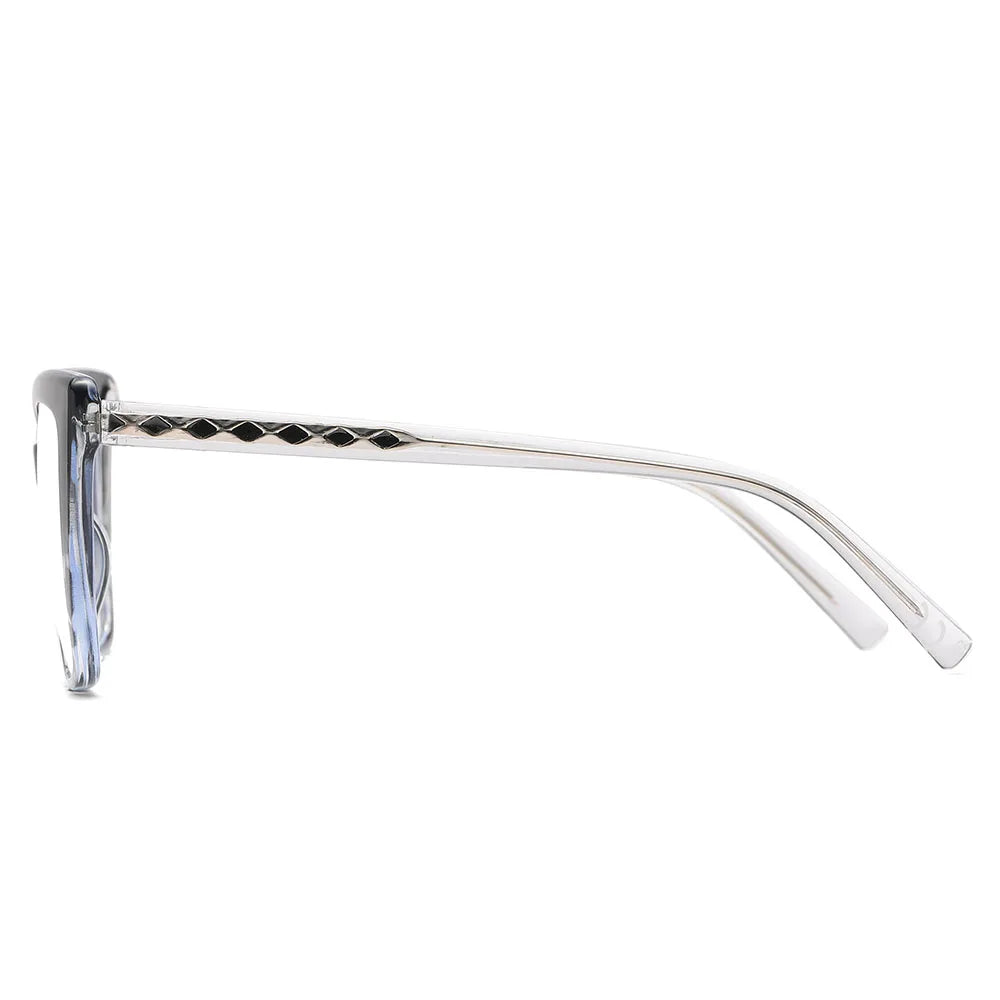 Side view of AABV Womens Cat Eye Bifocal Reading Glasses, featuring clear frames with a subtle diamond pattern on the arms. The sleek, modern design embraces a cat eye aesthetic, complemented by transparent temple tips for a minimalist look.