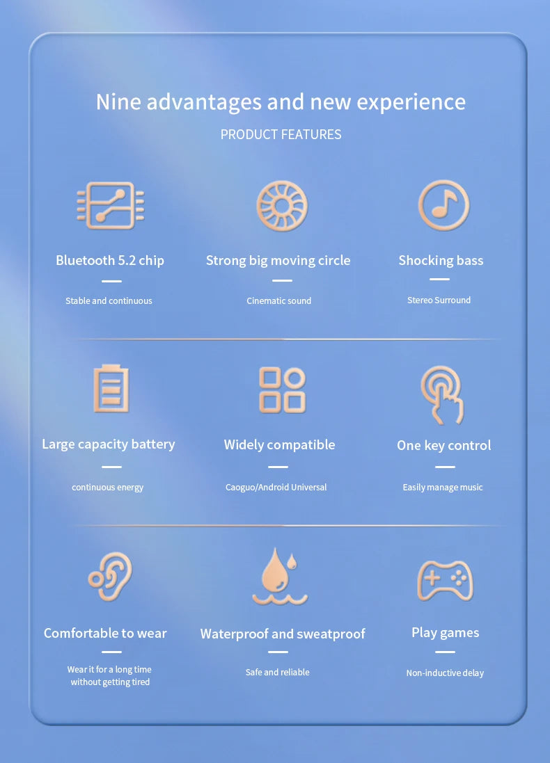 A blue-themed infographic titled Nine Advantages and New Experience features the VAORLO Bluetooth 5.2 Mini Headphone with key benefits: advanced Bluetooth 5.2 chip, robust moving circle, deep bass, long battery life, wide compatibility, easy control; comfortable wear; waterproof; gaming optimized.