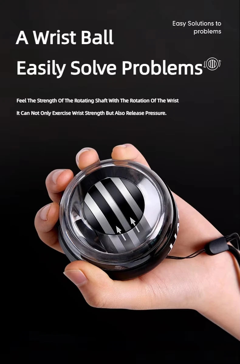A hand holds a glossy Gyroball Powerball with a striped interior, enhancing its appeal. Text above reads, Gyroball Easily Solves Problems, highlighting its benefits for increasing wrist power, improving hand dexterity, and offering stress relief and forearm exercise.