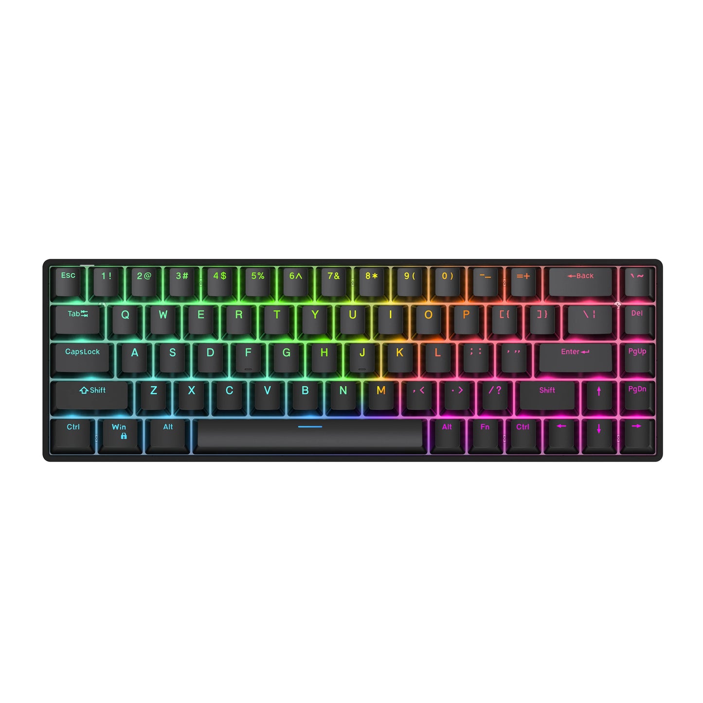 Discover the Raven68 Magnetic Keyboard, a compact hot-swappable mechanical keyboard that boasts radiant RGB lighting. Its backlit keys shine in green, yellow, red, and purple with standard function keys featuring black keycaps and white lettering for optimal performance.