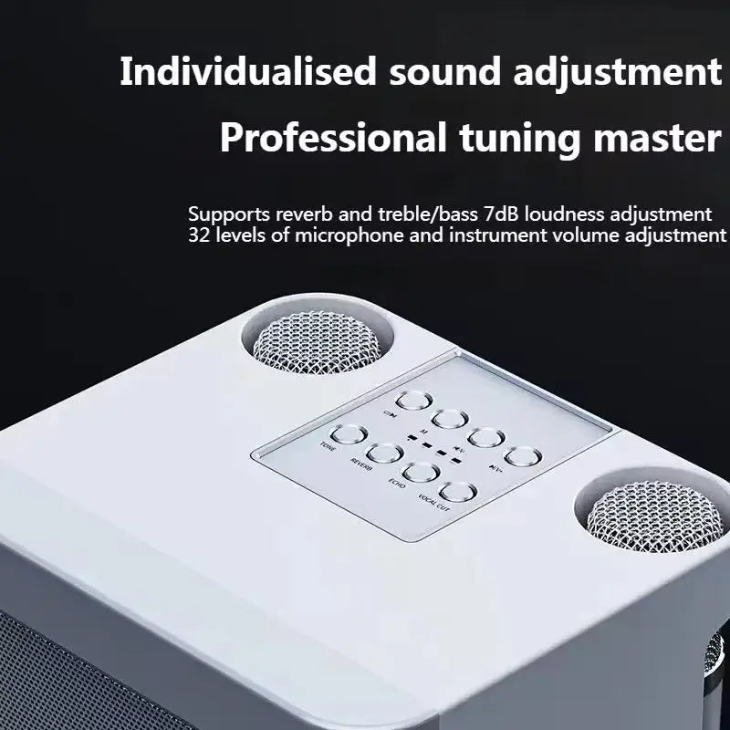 The Portable Dual Microphone Bluetooth Karaoke Machine for Parties features a white audio device with a control panel, buttons, and two speaker grills on top for quality sound. It offers individualized sound adjustment and professional tuning master capabilities, enhancing your karaoke experience.