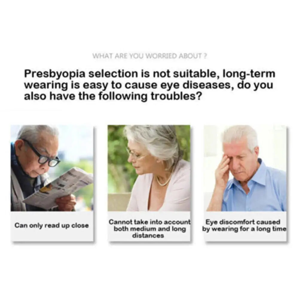 Three older adults with vision issues face unique challenges: one uses KLASSNUM Luxury Round Frame Reading Glasses to read a newspaper up close, another struggles with distance vision, and the third experiences discomfort from prolonged eyewear use, addressing presbyopia and potential eye disease concerns.