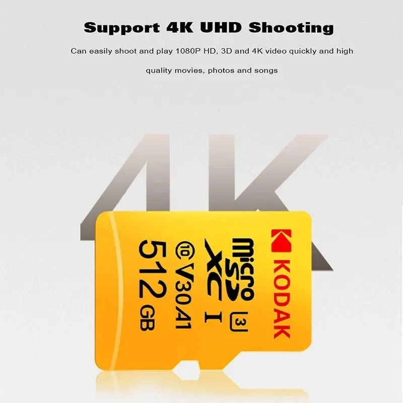 A yellow KODAK 128GB Micro SD Card - Class 10, High-Speed Storage is shown with text highlighting Support 4K UHD Shooting for storing 1080P HD, 3D, and 4K videos, movies, photos, and songs.