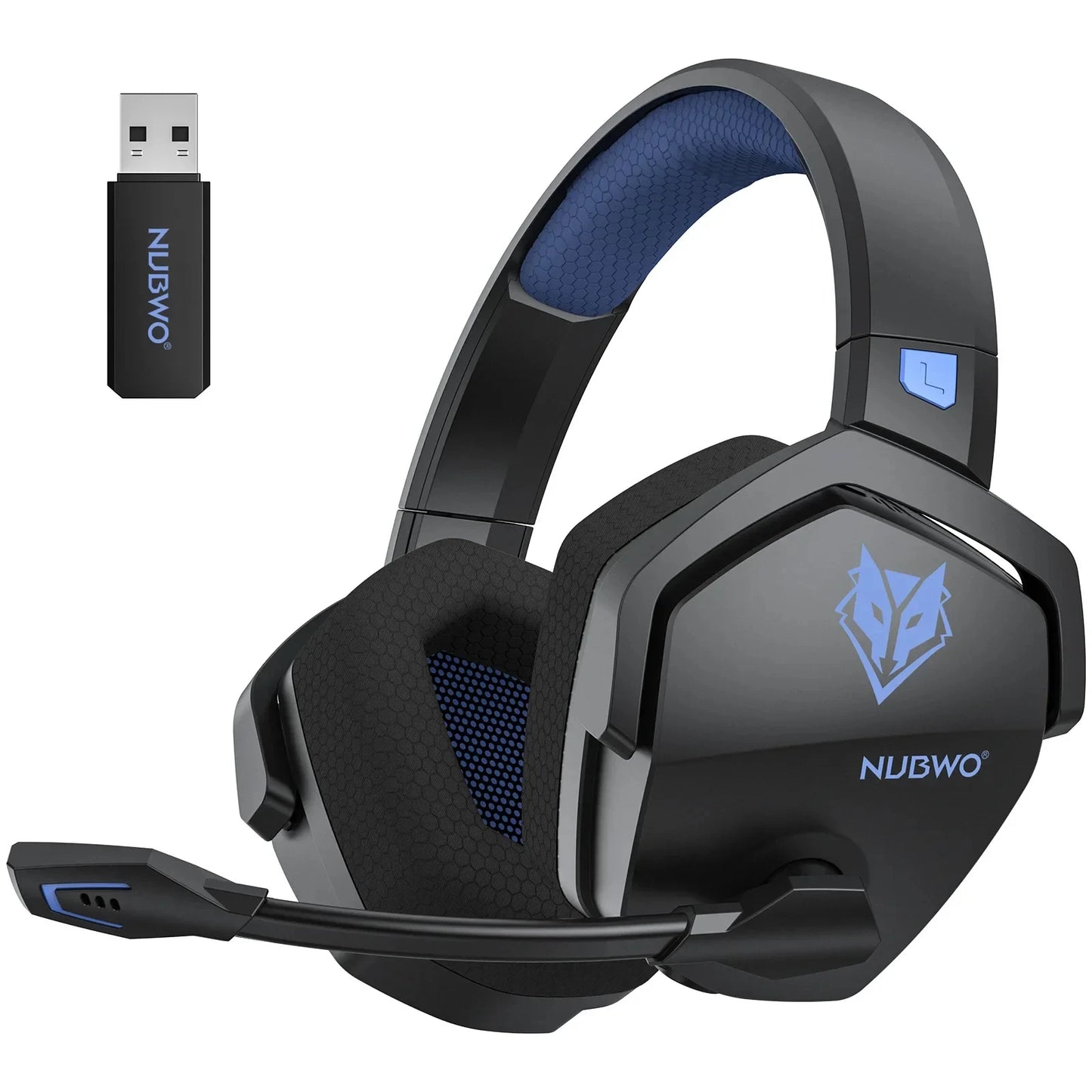 The NUBWO G06, a trendy black headset with blue accents, features hexagonal ear cups, a padded headband, and an adjustable microphone. It boasts active noise canceling and includes a compact USB dongle for smooth wireless use.