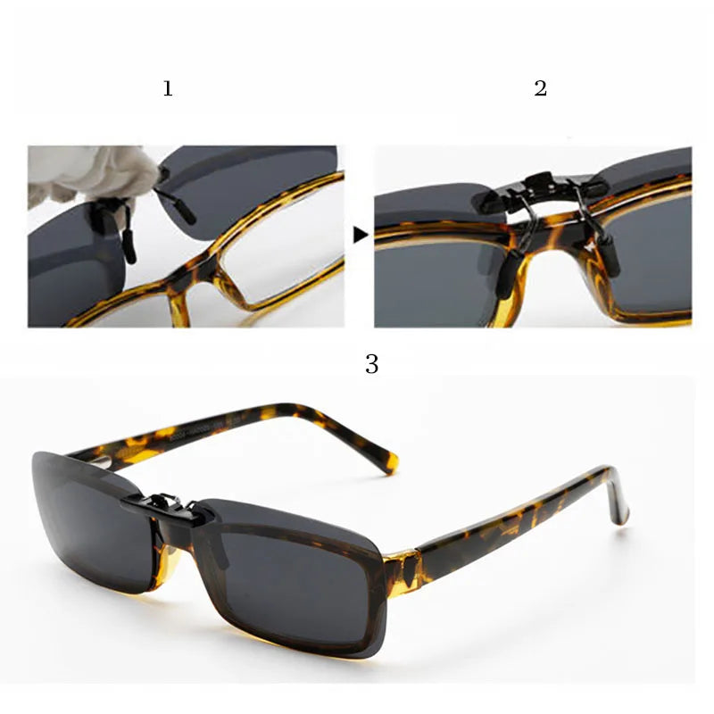 This image set highlights the Honey Joe Polarized Clip-On Sunglasses with UV400 protection: Image 1 shows a hand adjusting the nose piece. Image 2 offers a close-up of the adjustable nose bridge, and Image 3 provides a full view on a white surface showcasing superior eye protection.