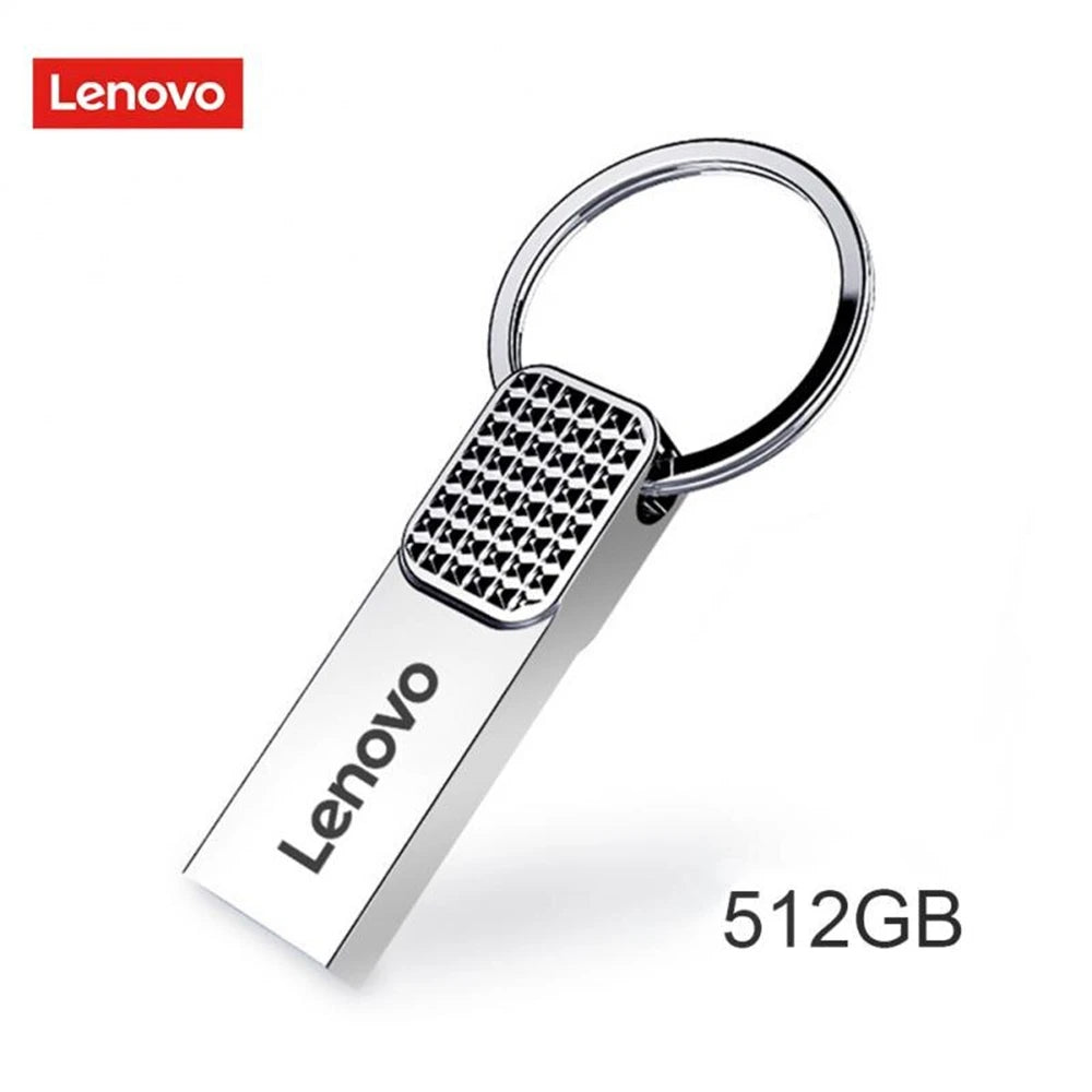 Featuring a high-speed design, the silver Lenovo 2TB USB 3.0 OTG Pen Drive has a geometric pattern on its swivel head and attaches to a keyring. Prominently labeled, it boasts the Lenovo logo.