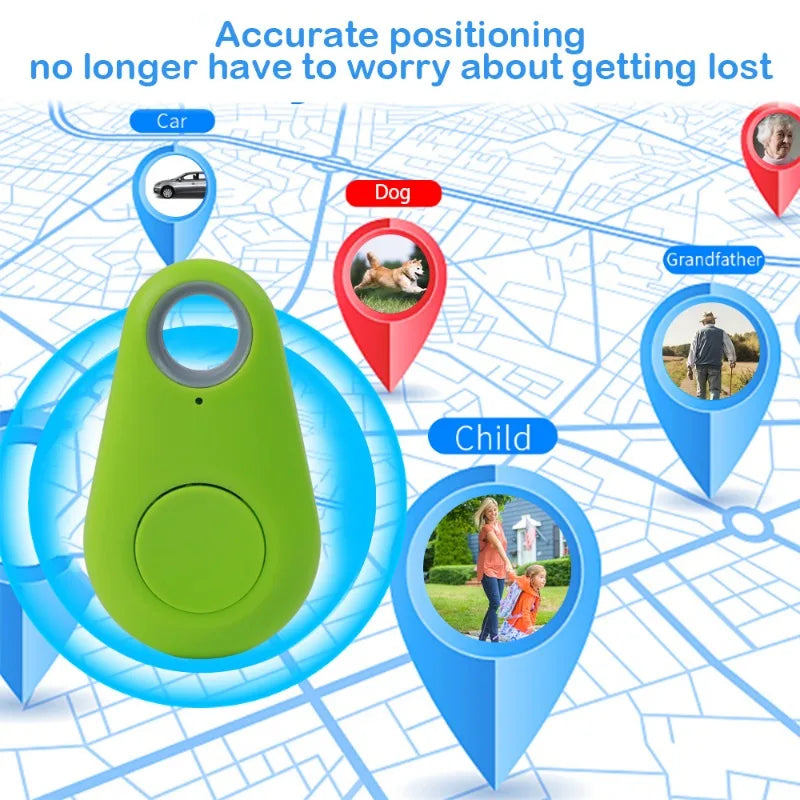 A Mini Smart Bluetooth Tracker against a digital map background showcases real-time tracking with icons for Car, Dog, Child, and Grandfather. Text above reads: Accurate positioning with the Anti-Lost GPS Locator for Pets ensures you no longer have to worry about getting lost.