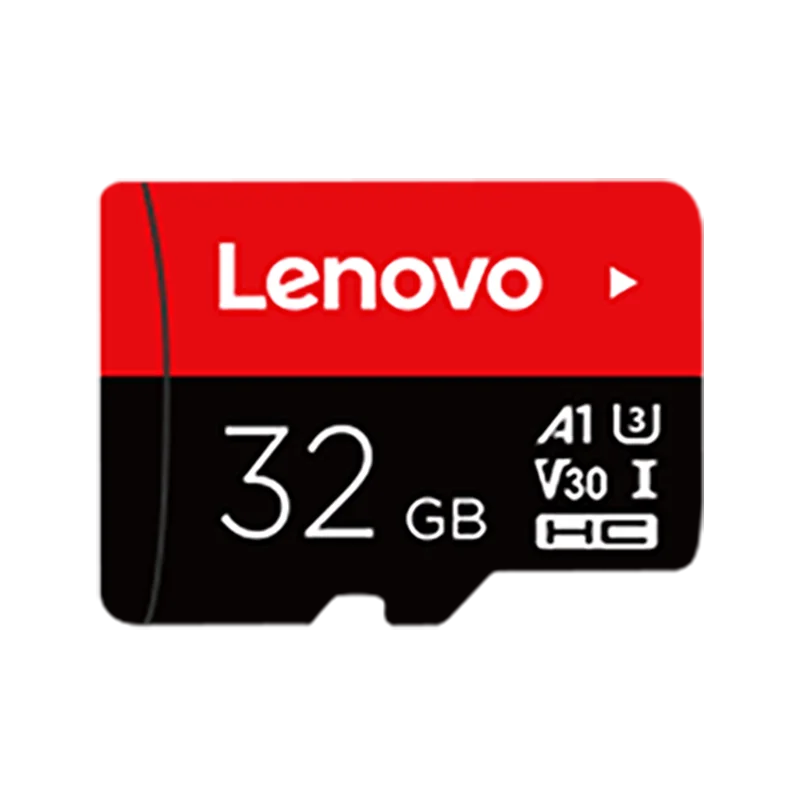 The Lenovo 128GB Micro TF card, in red and black with white lettering, is renowned for its high-speed 100MB/s data storage capabilities and features A1, U3, V30, and HC classifications.