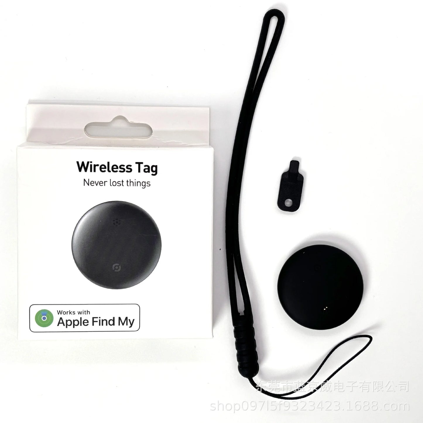 The NoEnName GPS Trackers packaging showcases a round black tag with a matching lanyard and accessory. It indicates compatibility with the Find My App Locator for seamless tracking, all under the product name Bluetooth Locator for Pets.
