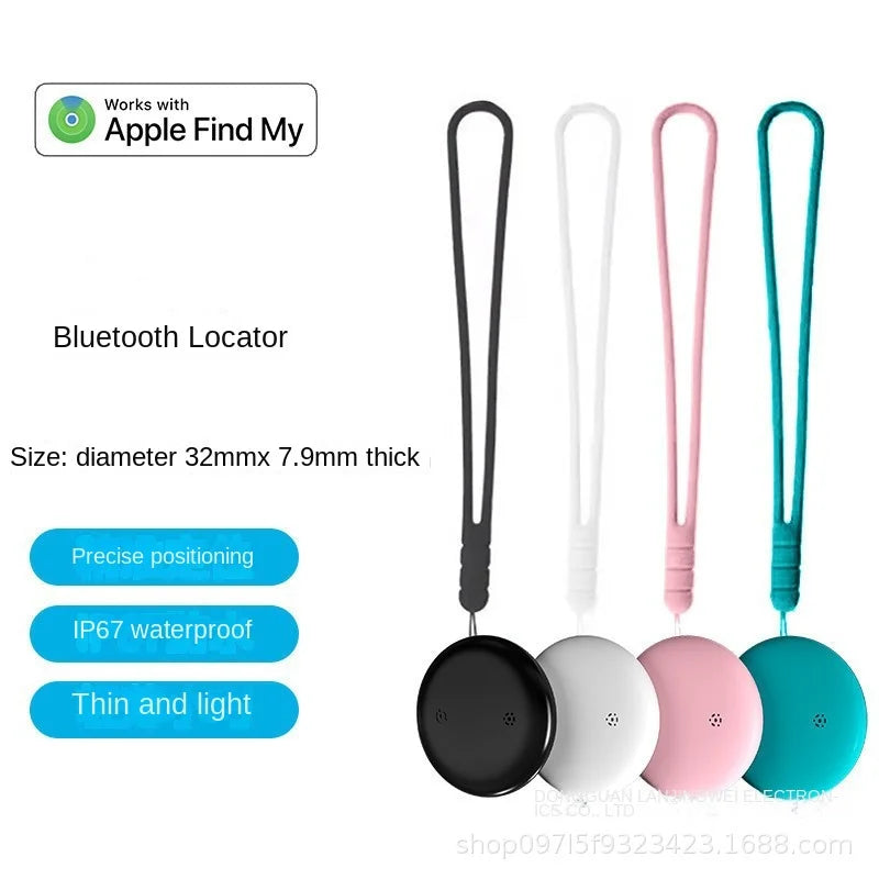 The image features four NoEnName GPS Trackers for pets with black, white, pink, and blue straps. They are compatible with the Find My App Locator and boast an IP67 waterproof rating with a sleek design measuring 32mm in diameter and 7.9mm thick.