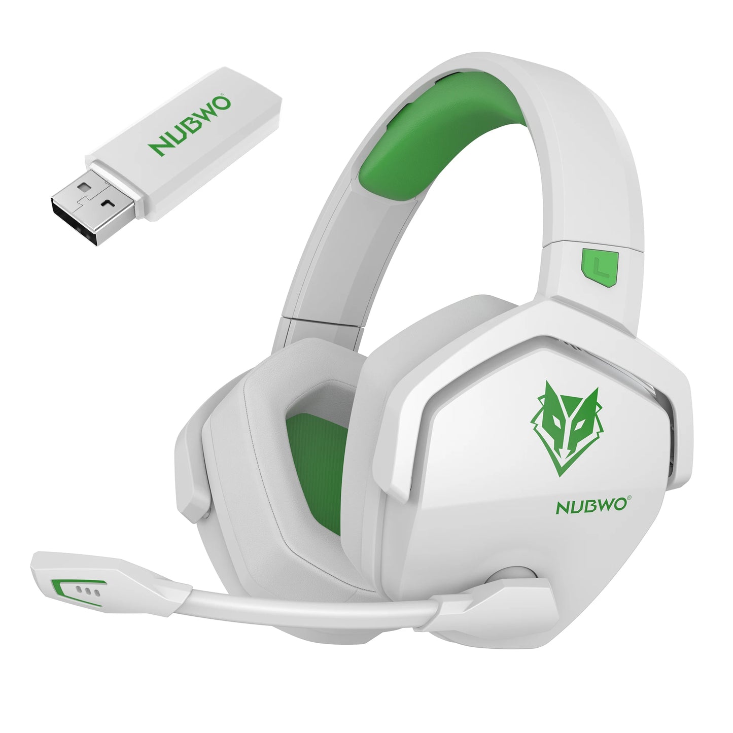 Meet the NUBWO G06 Dual Wireless Headset. This angular, white and green gaming headset features active noise cancelling, a cushioned headband, earcups, a detachable microphone, and a matching USB dongle for seamless connectivity.