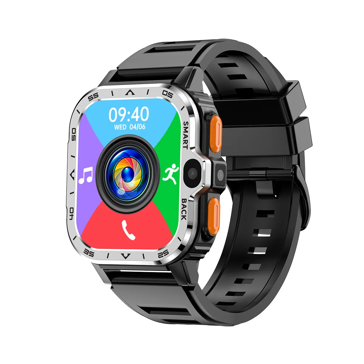 Introducing the Valdus PGD Smart Watch for Men: a stylish wearable with a black strap and vibrant display. It shows 09:40 and Wed 04/06, featuring phone and fitness icons, while orange side buttons enhance its functionality.