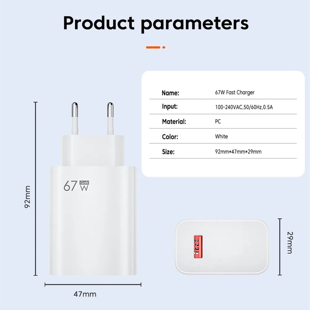 A photo displays a white 67W GaN USB charger with European plugs. To the right, a table details product info: 67W GaN USB Charger With Quick Charge 3.0 Technology, input (100-240VAC, 50/60Hz, 0.5A), material (PC), color (white), size (92mm x 47mm x 29mm). Enjoy efficient charging!.